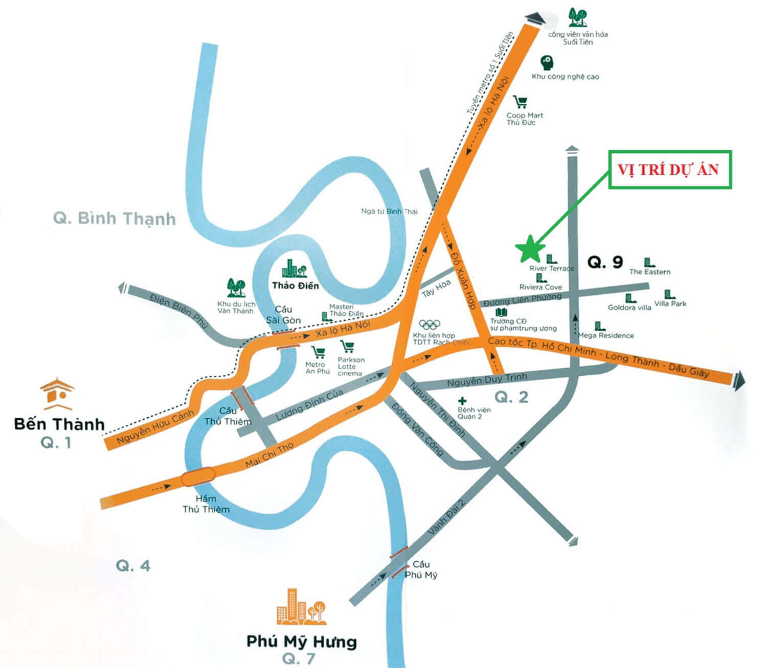 Sơ đồ vị trí khu Nam Long quận 9 trên trục Xa lộ Hà Nội và đường Đỗ Xuân Hợp