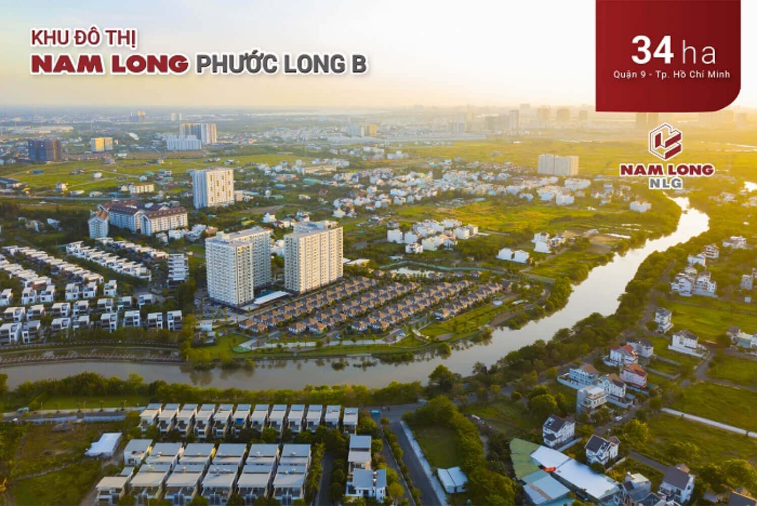 Khu Nam Long Phước Long B quận 9 lúc hoàng hôn, nhà thấp tầng và căn hộ cạnh con kênh