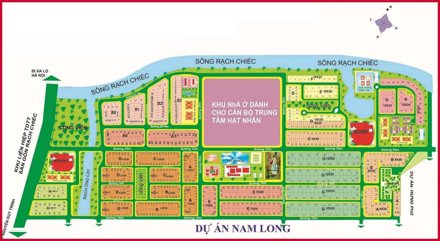 Mặt bằng dự án Nam Long quận 9 gồm các khối lô G, E, C và đường 16 m, 25 m